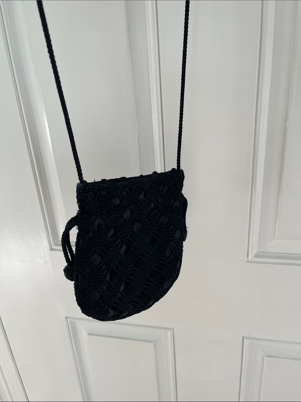 Vintage Black Satin and Macrame Drawstring Purse